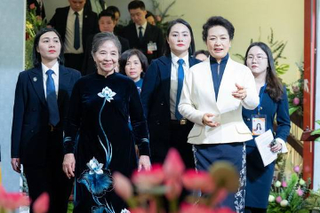 彭丽媛同越共中央总书记夫人吴氏敏参观越南妇女博物馆并茶叙